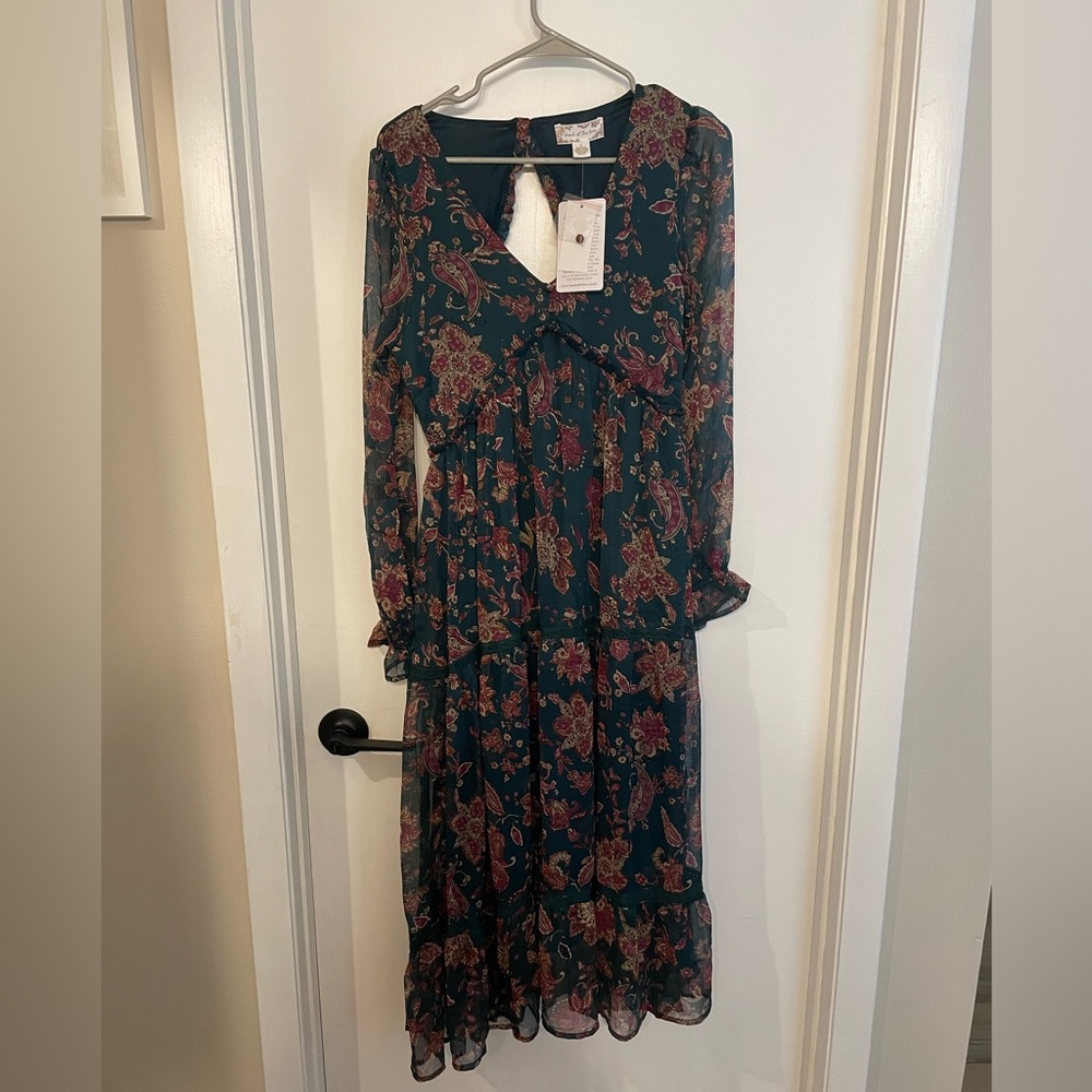 NWT Band of the Free BOG Dress Small Run the World Pine Berry Boho Floral Flowy - Picture 4 of 9